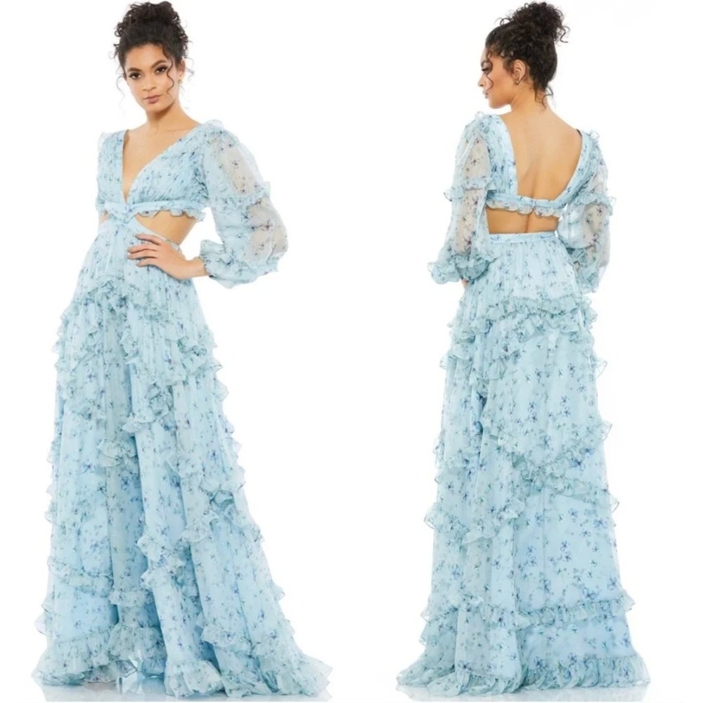 MAC DUGGAL‎ 70249 Maxi Dress Blue Floral Ruffle Cutout Women's Size 2 Prom New